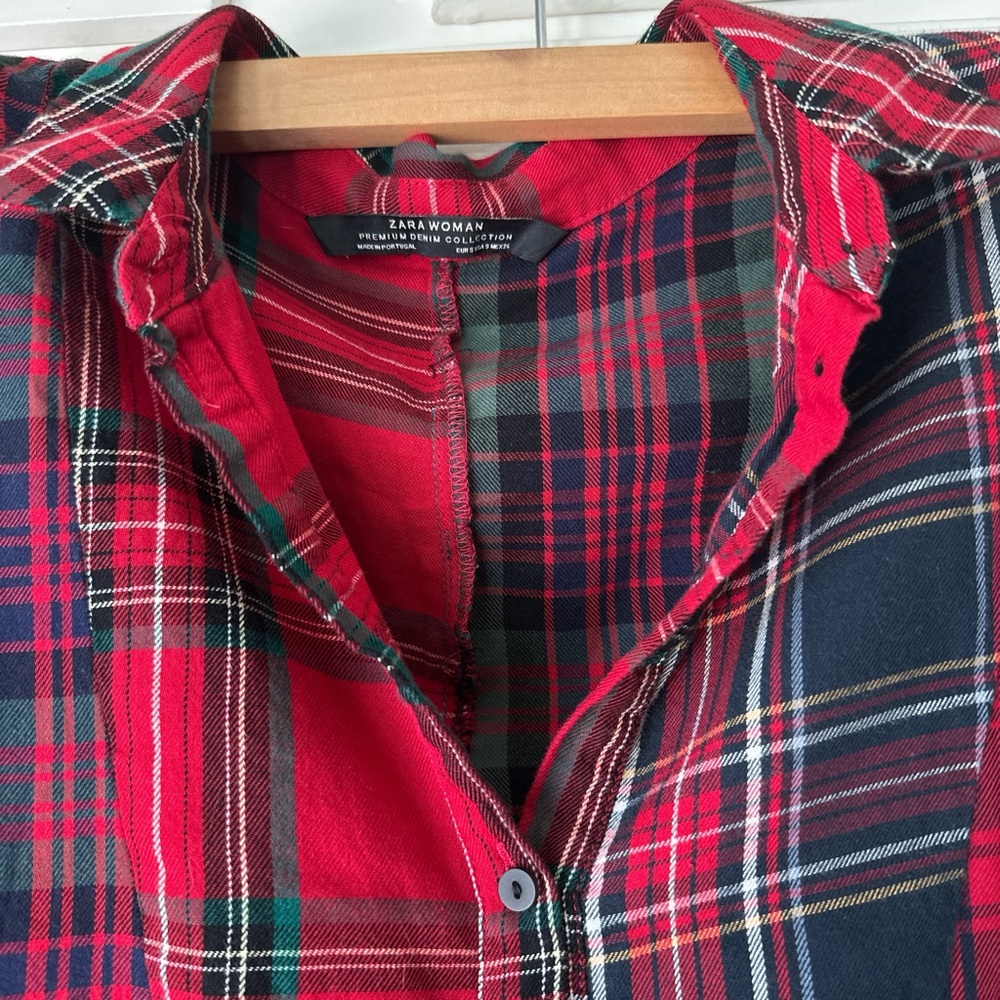 ZARA Red and Blue Plaid Button-Up Shirt Dress - Picture 3 of 3
